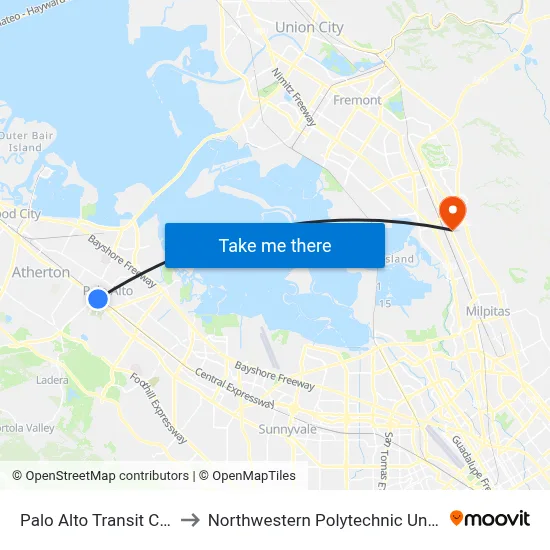 Palo Alto Transit Center to Northwestern Polytechnic University map