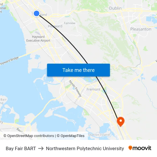 Bay Fair BART to Northwestern Polytechnic University map