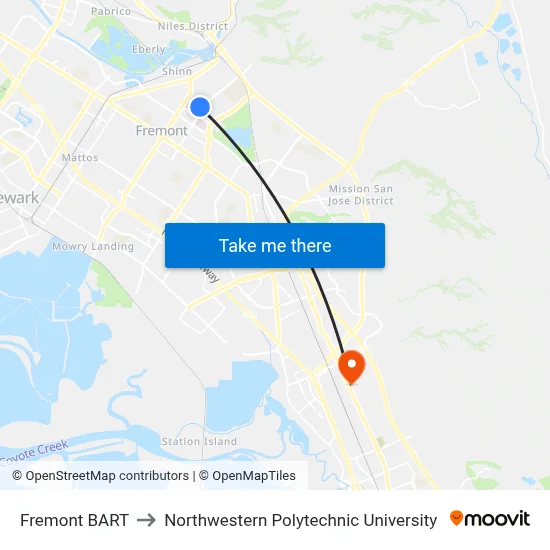 Fremont BART to Northwestern Polytechnic University map