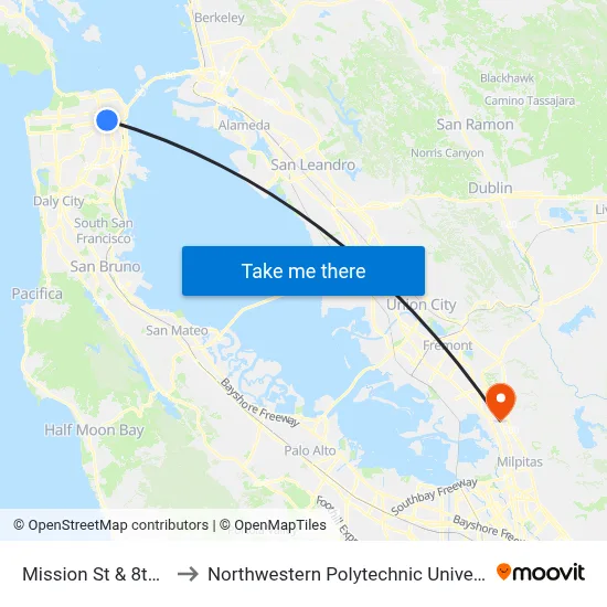 Mission St & 8th St to Northwestern Polytechnic University map