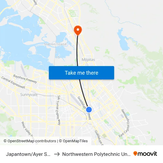Japantown/Ayer Station to Northwestern Polytechnic University map
