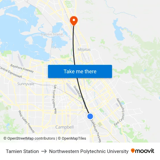 Tamien Station to Northwestern Polytechnic University map