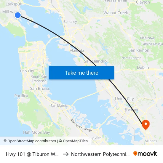 Hwy 101 @ Tiburon Wye Bus Pad to Northwestern Polytechnic University map