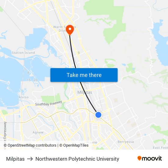 Milpitas to Northwestern Polytechnic University map