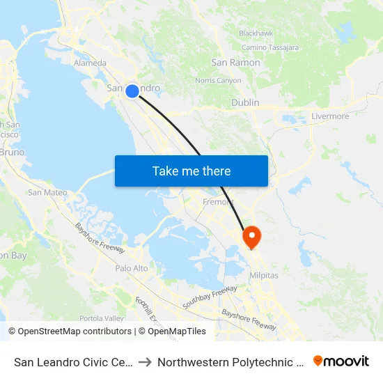 San Leandro Civic Center NB to Northwestern Polytechnic University map