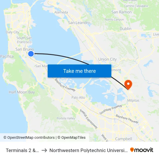 Terminals 2 & 3 to Northwestern Polytechnic University map