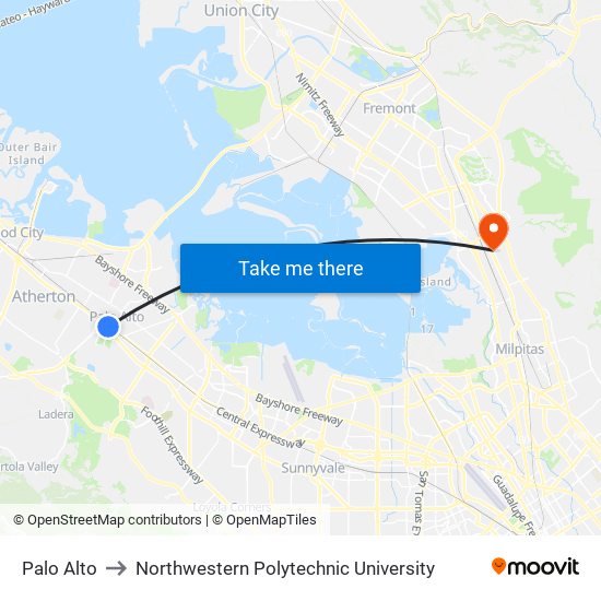 Palo Alto to Northwestern Polytechnic University map