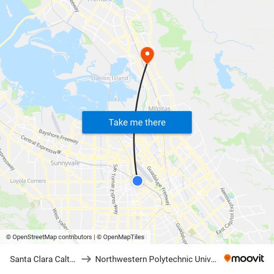 Santa Clara Caltrain to Northwestern Polytechnic University map