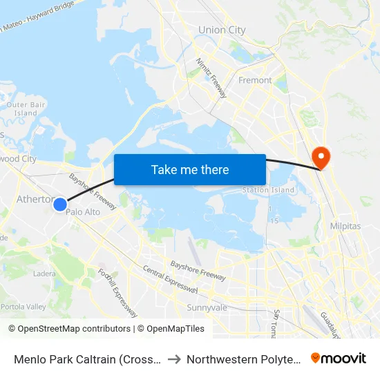 Menlo Park Caltrain (Crosstown Shuttle Stop) to Northwestern Polytechnic University map