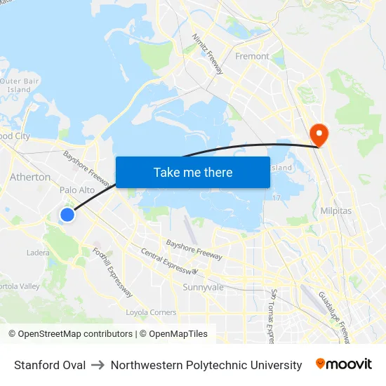 Stanford Oval to Northwestern Polytechnic University map