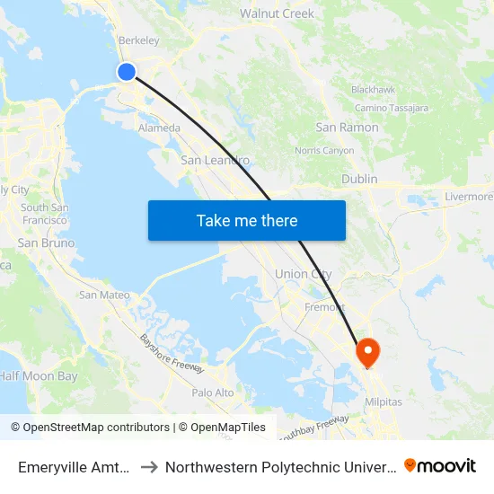 Emeryville Amtrak to Northwestern Polytechnic University map