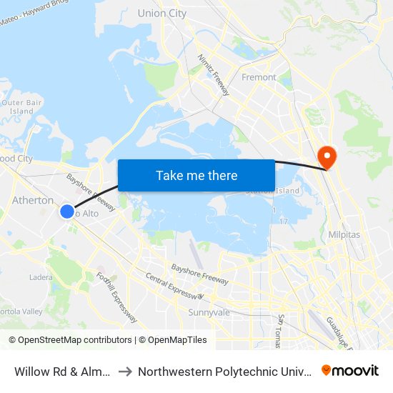 Willow Rd & Alma St to Northwestern Polytechnic University map