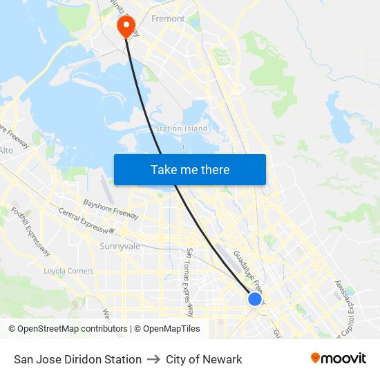 San Jose Diridon Station to City of Newark map