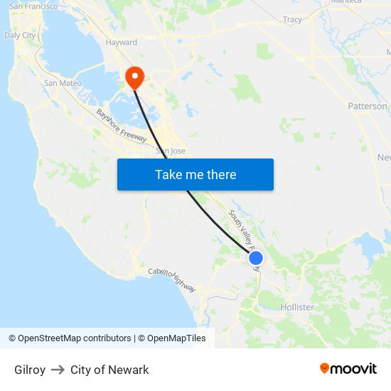 Gilroy to City of Newark map