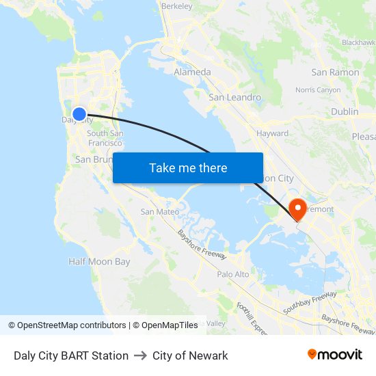 Daly City BART Station to City of Newark map