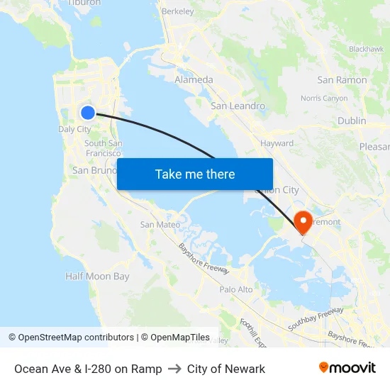 Ocean Ave & I-280 on Ramp to City of Newark map