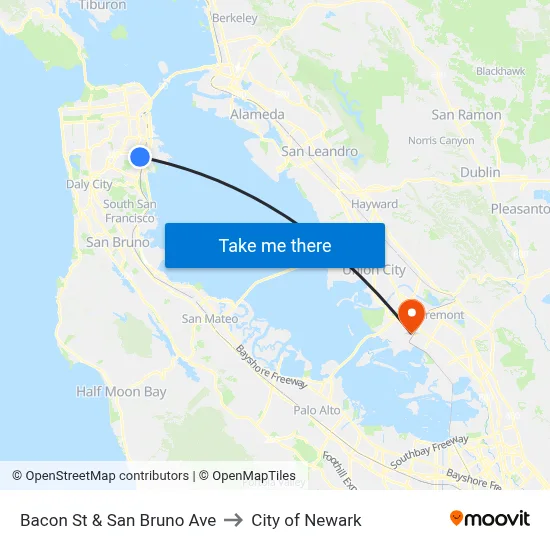 Bacon St & San Bruno Ave to City of Newark map