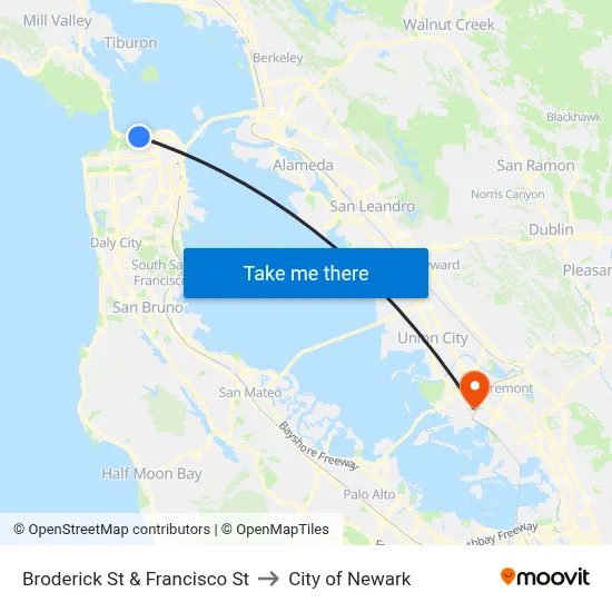 Broderick St & Francisco St to City of Newark map
