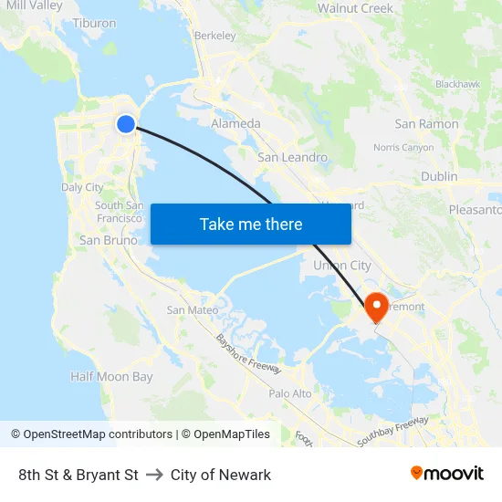 8th St & Bryant St to City of Newark map