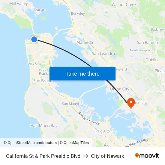 California St & Park Presidio Blvd to City of Newark map
