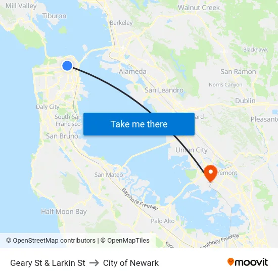 Geary St & Larkin St to City of Newark map