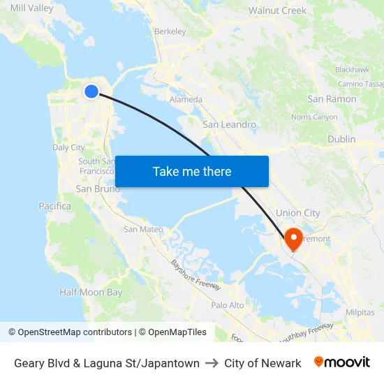 Geary Blvd & Laguna St/Japantown to City of Newark map