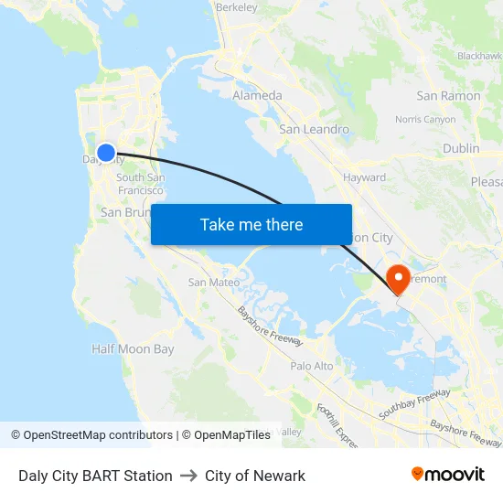 Daly City BART Station to City of Newark map