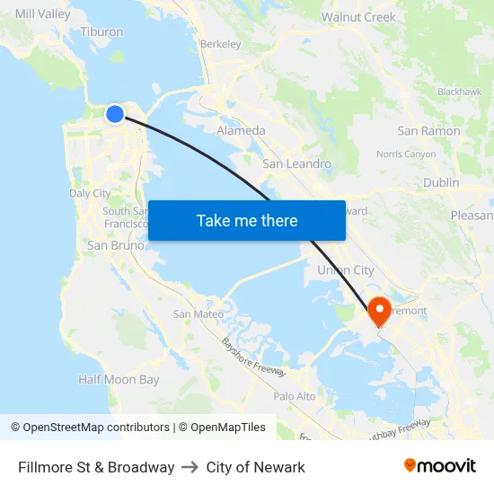 Fillmore St & Broadway to City of Newark map