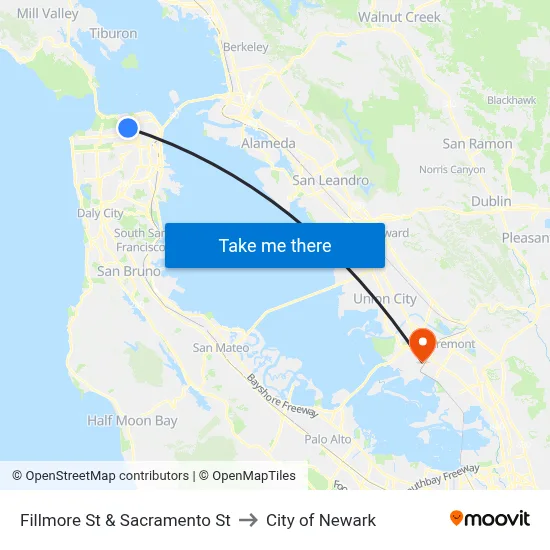 Fillmore St & Sacramento St to City of Newark map