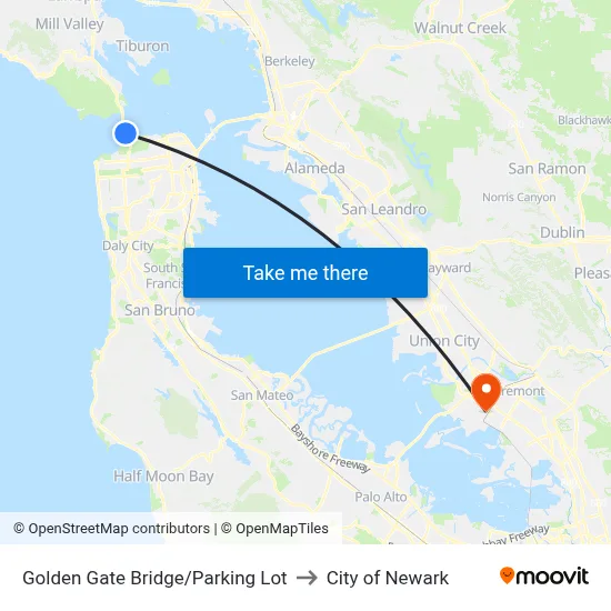 Golden Gate Bridge/Parking Lot to City of Newark map