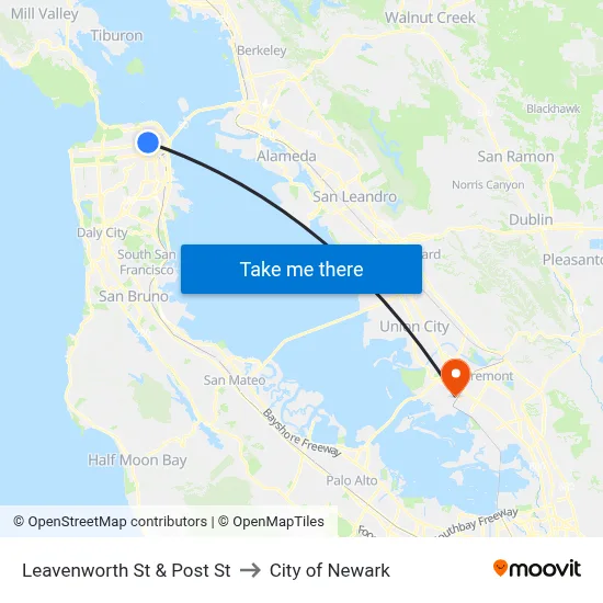 Leavenworth St & Post St to City of Newark map