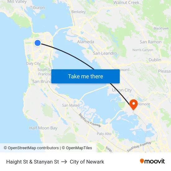 Haight St & Stanyan St to City of Newark map