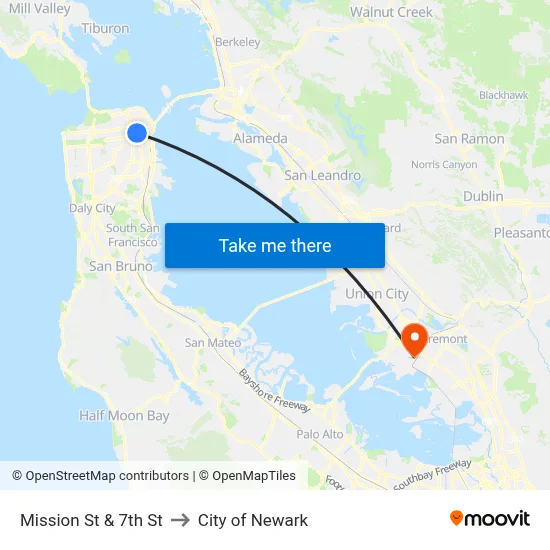 Mission St & 7th St to City of Newark map