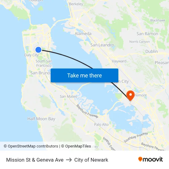 Mission St & Geneva Ave to City of Newark map