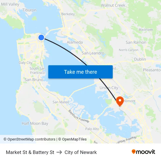 Market St & Battery St to City of Newark map