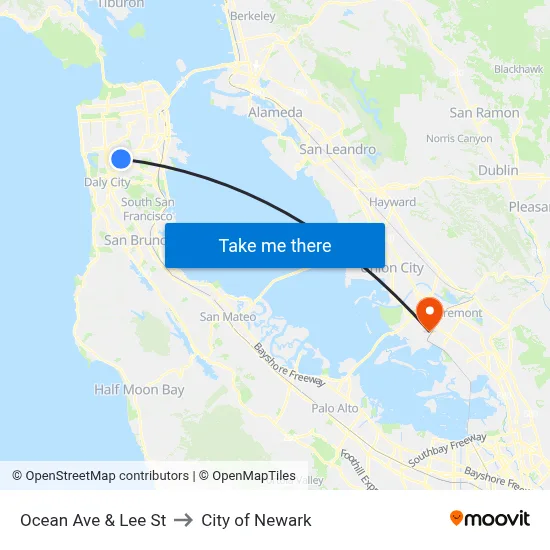 Ocean Ave & Lee St to City of Newark map