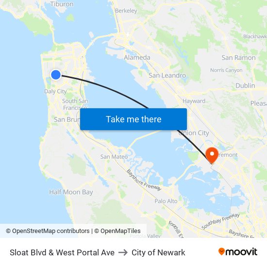 Sloat Blvd & West Portal Ave to City of Newark map