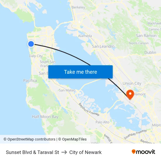 Sunset Blvd & Taraval St to City of Newark map