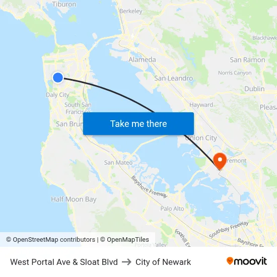 West Portal Ave & Sloat Blvd to City of Newark map