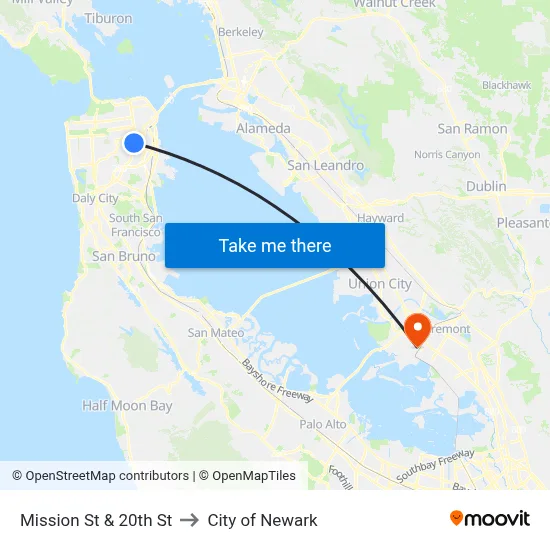 Mission St & 20th St to City of Newark map
