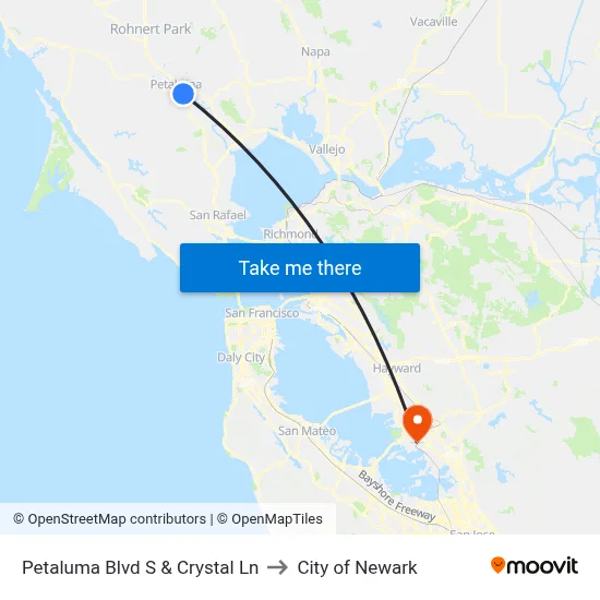 Petaluma Blvd S & Crystal Ln to City of Newark map
