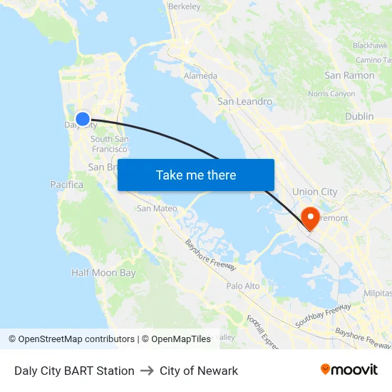 Daly City BART Station to City of Newark map