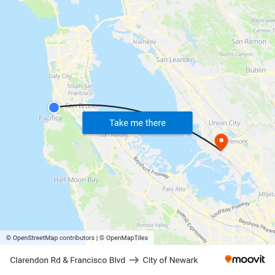 Clarendon Rd & Francisco Blvd to City of Newark map