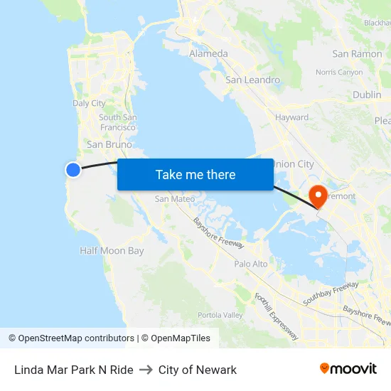 Linda Mar Park N Ride to City of Newark map