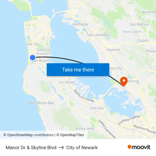 Manor Dr & Skyline Blvd to City of Newark map