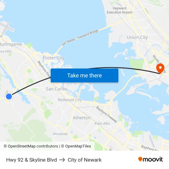 Hwy 92  & Skyline Blvd to City of Newark map
