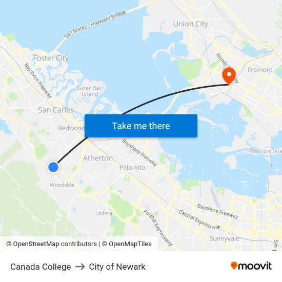 Canada College to City of Newark map