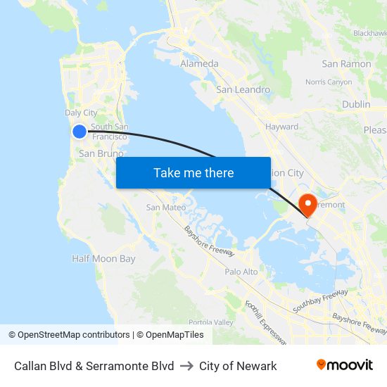 Callan Blvd & Serramonte Blvd to City of Newark map