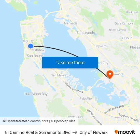El Camino Real & Serramonte Blvd to City of Newark map