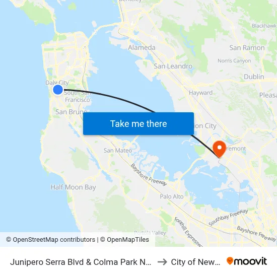 Junipero Serra Blvd & Colma Park N Ride to City of Newark map